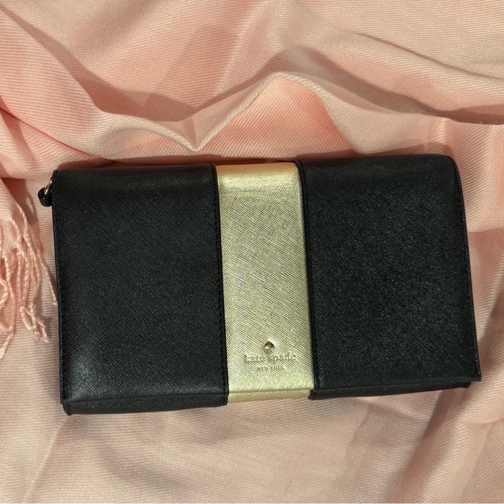 kate spade Black and Gold Saffiano Leather Clutch Wallet